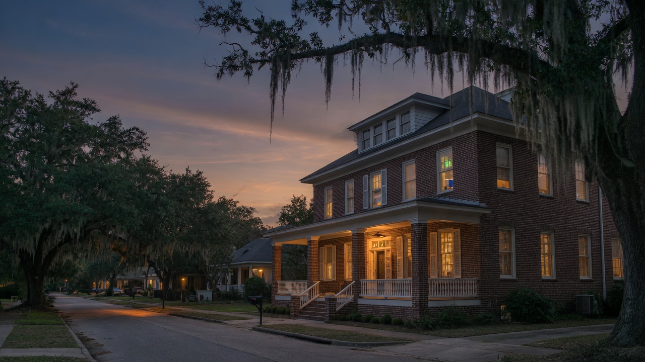 Brick Baton Rouge home at dusk under live oaks with Spanish moss