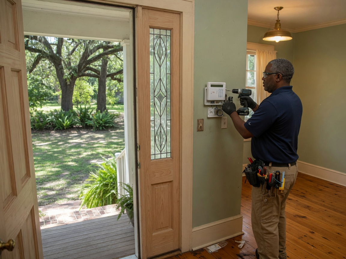 Technician installing a keypad in a Baton Rouge cottage