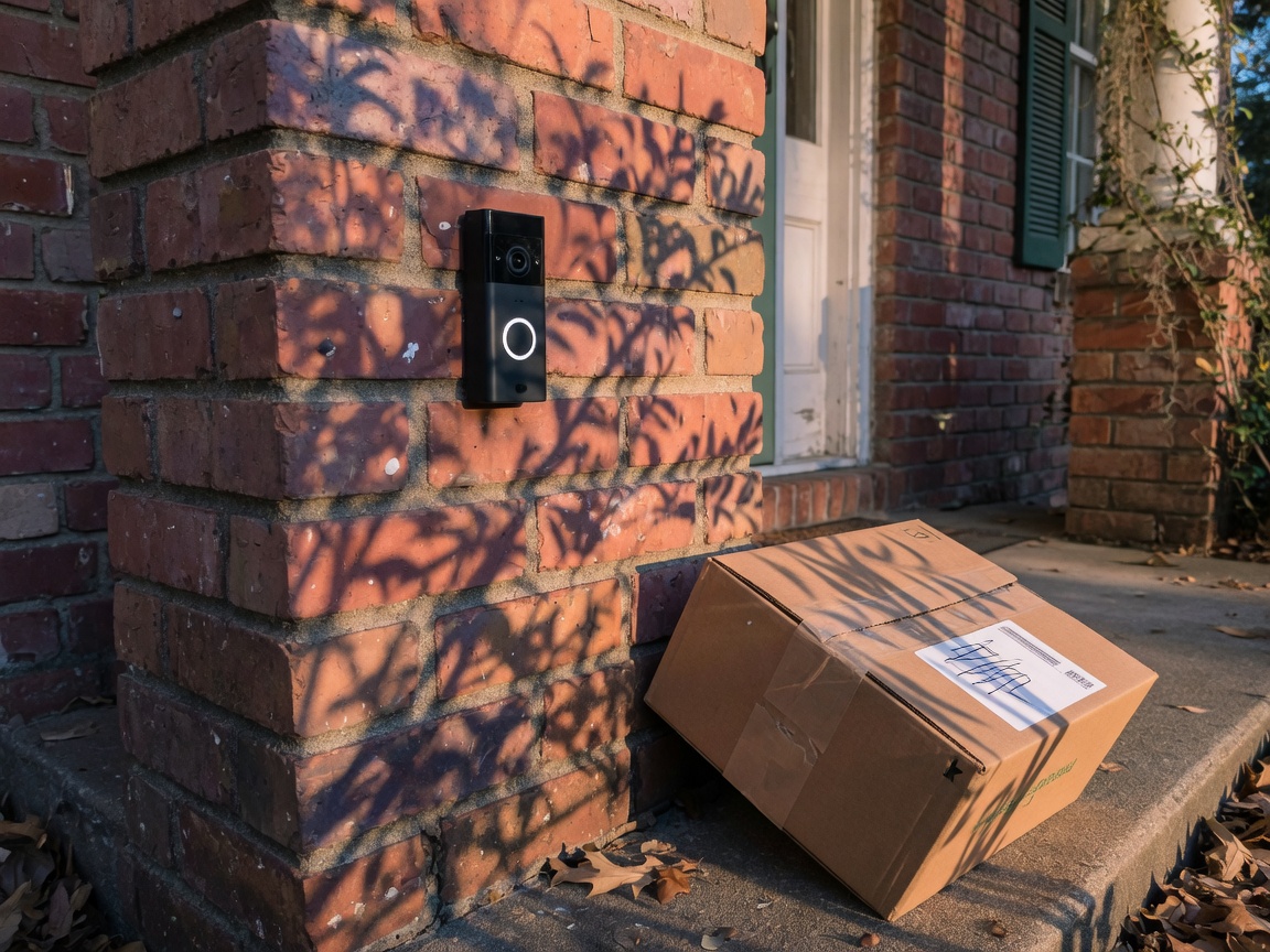 Video doorbell on a brick porch